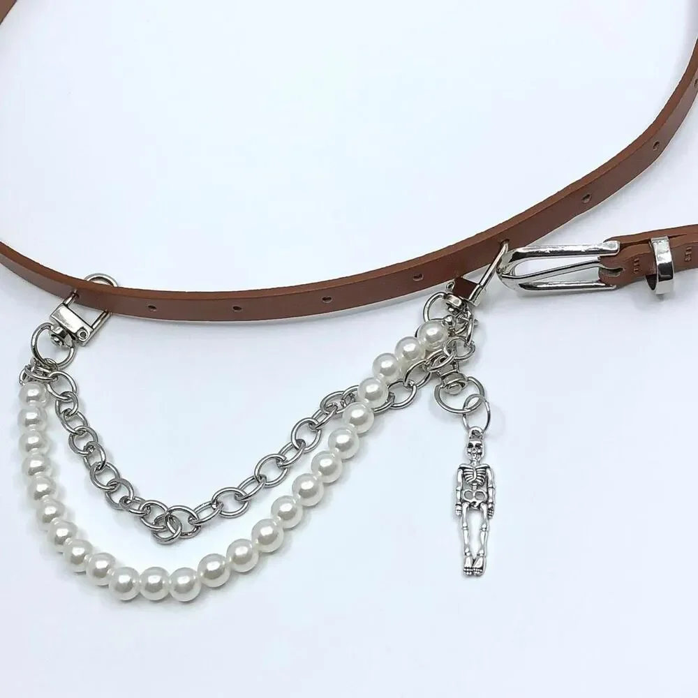 Vintage Y2K Whimsygoth Skeleton Pearl Chain Belt, Fits 33–36 Inches, X7GA1193